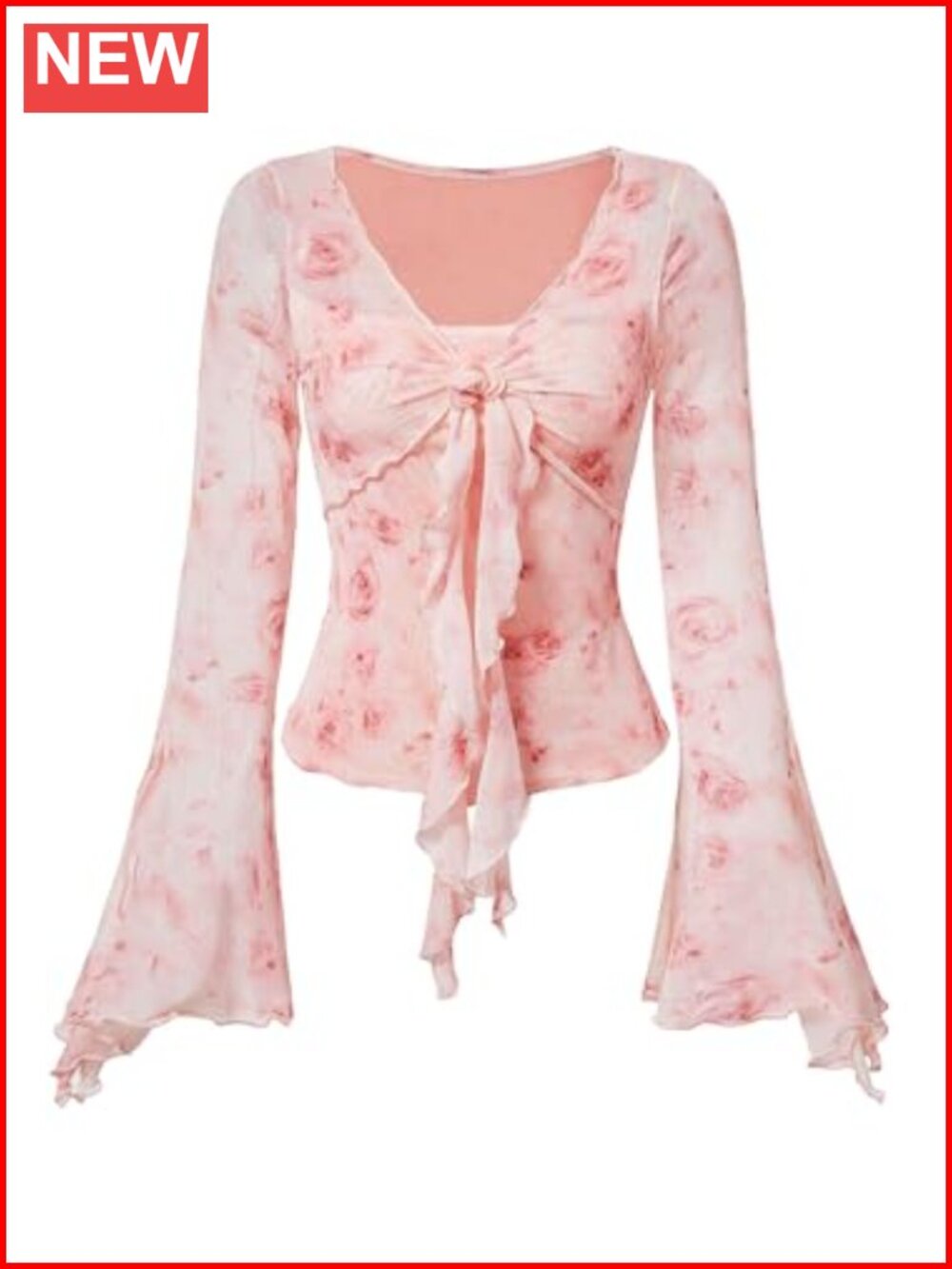 Verdusa Women's Bell Sleeve Floral Mesh Top Y2K 2000s